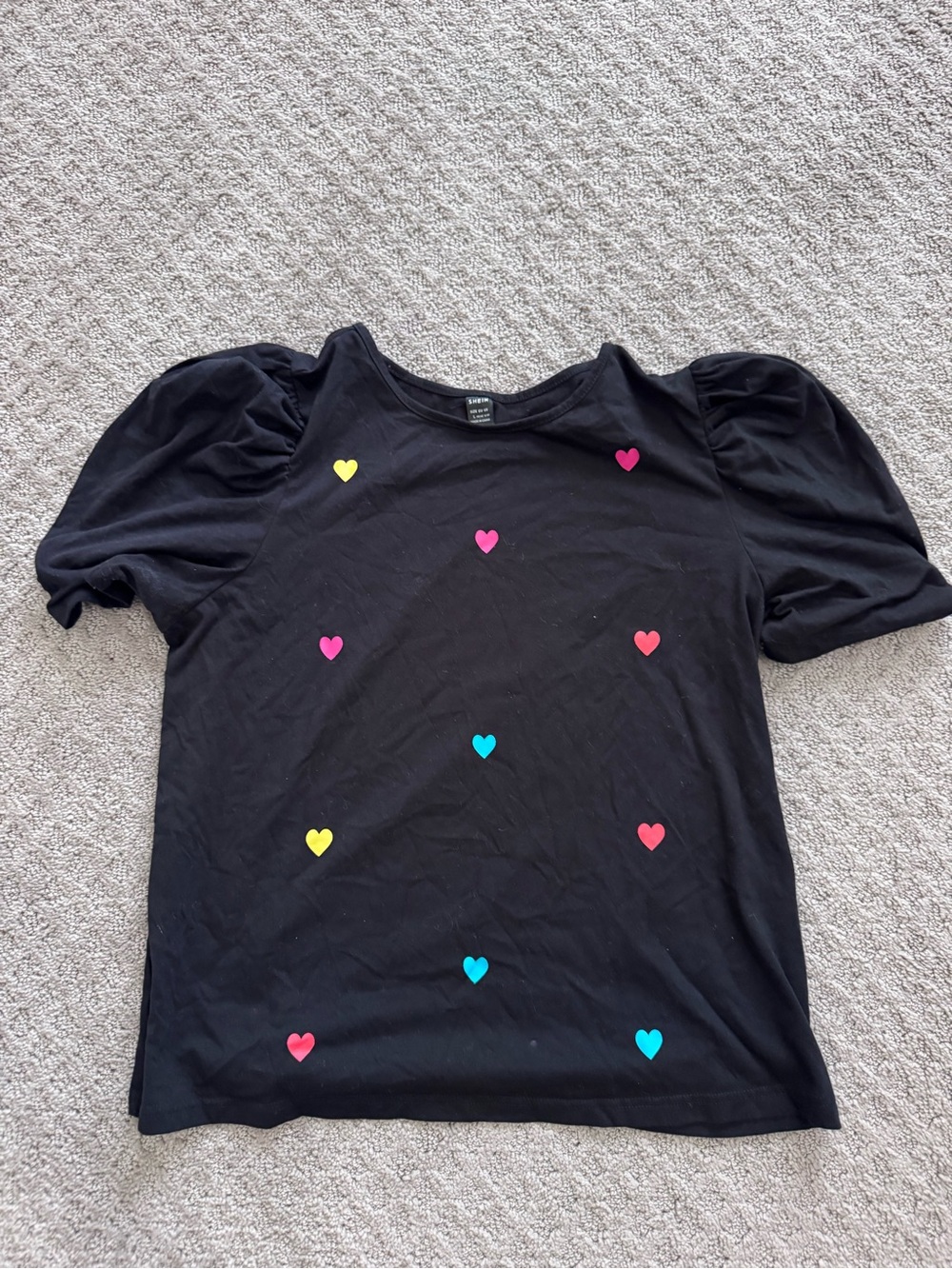 SHEIN Black Puff Sleeve Tee with Multicolor Heart Details